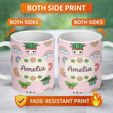 Personalized Custom Name Cute Kawaii Plants Rainbows Smiling Sun Pink Background Seamless 11oz Ceramic Coffee Tea Mug White Large Handle