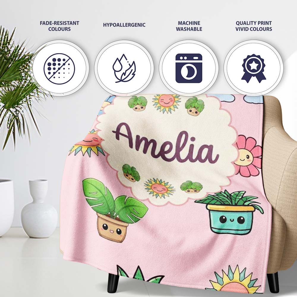 Cute Kawaii Plants Rainbows Smiling Sun Pink Background Seamless  Personalised Custom Name Super Soft Fleece Blanket Bed Sofa Throw