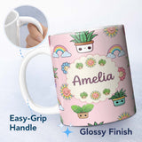 Personalized Custom Name Cute Kawaii Plants Rainbows Smiling Sun Pink Background Seamless 11oz Ceramic Coffee Tea Mug White Large Handle