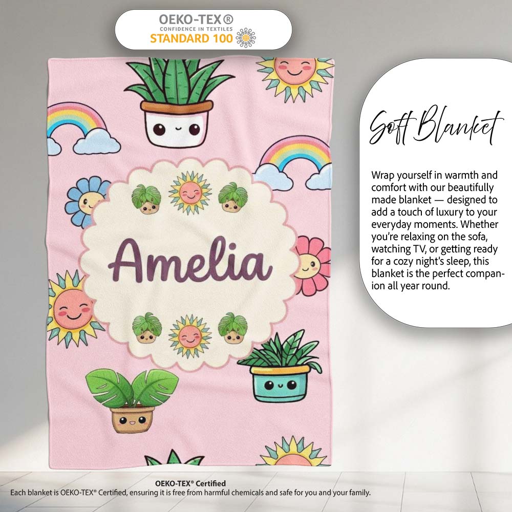 Cute Kawaii Plants Rainbows Smiling Sun Pink Background Seamless  Personalised Custom Name Super Soft Fleece Blanket Bed Sofa Throw