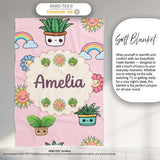 Cute Kawaii Plants Rainbows Smiling Sun Pink Background Seamless  Personalised Custom Name Super Soft Fleece Blanket Bed Sofa Throw