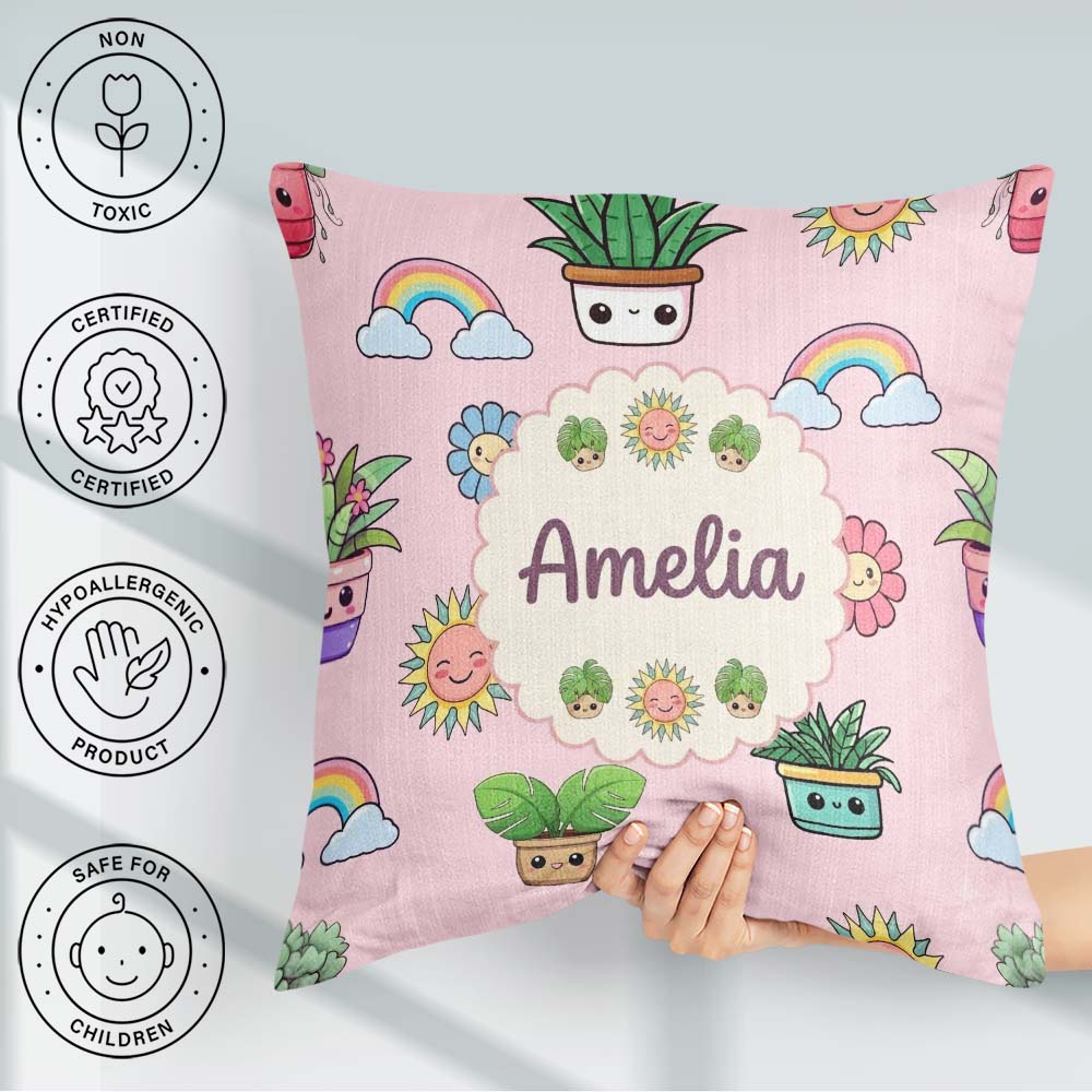 Custom Name Kawaii Rainbows Smiling Sun Pink Background Seamless Square Filled Cushion Throw Pillow Sofa Bed Home Decor Zip Washable UK Made