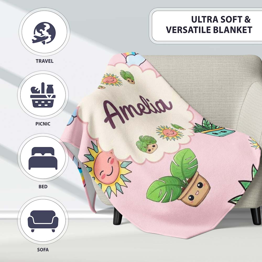Cute Kawaii Plants Rainbows Smiling Sun Pink Background Seamless  Personalised Custom Name Super Soft Fleece Blanket Bed Sofa Throw