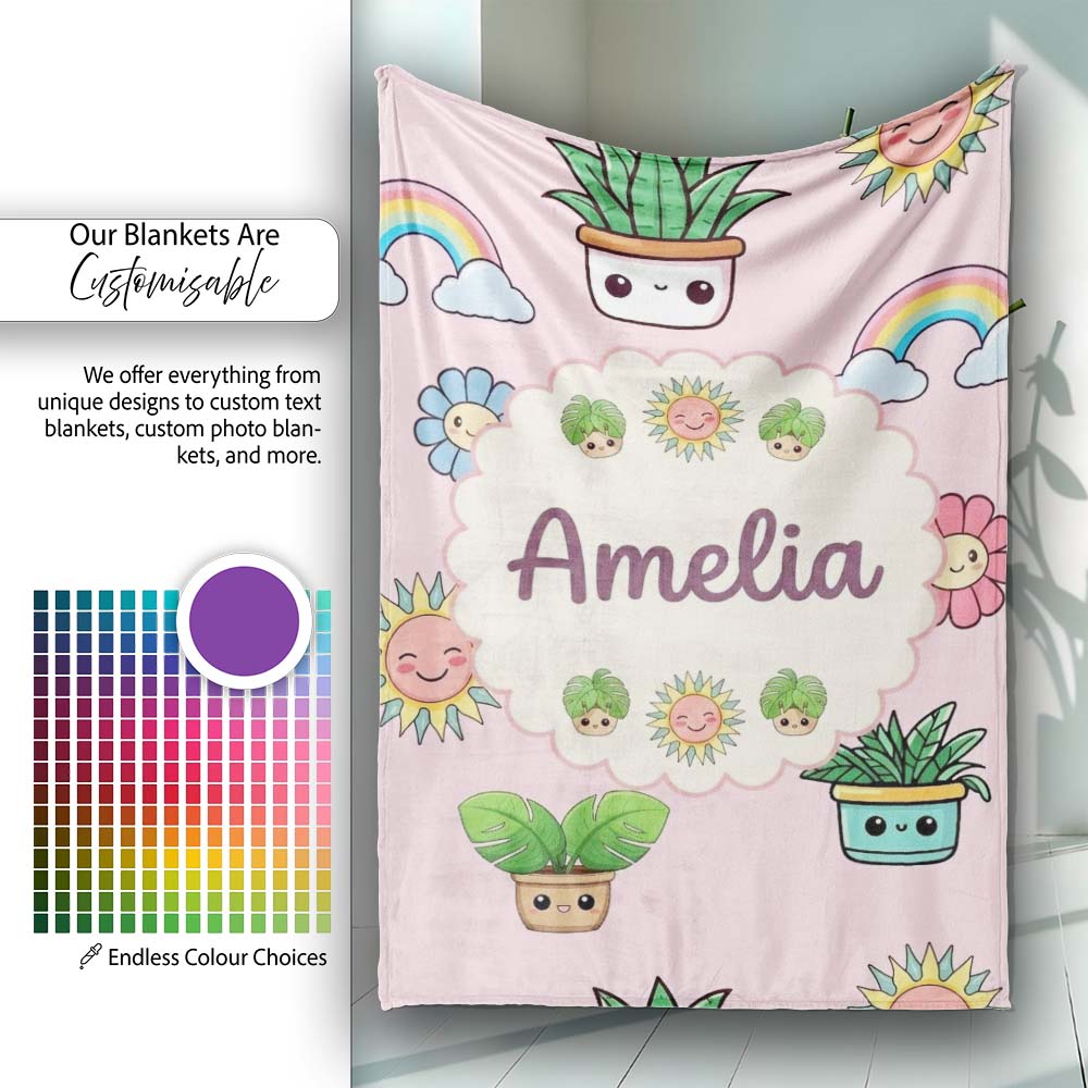 Cute Kawaii Plants Rainbows Smiling Sun Pink Background Seamless  Personalised Custom Name Super Soft Fleece Blanket Bed Sofa Throw