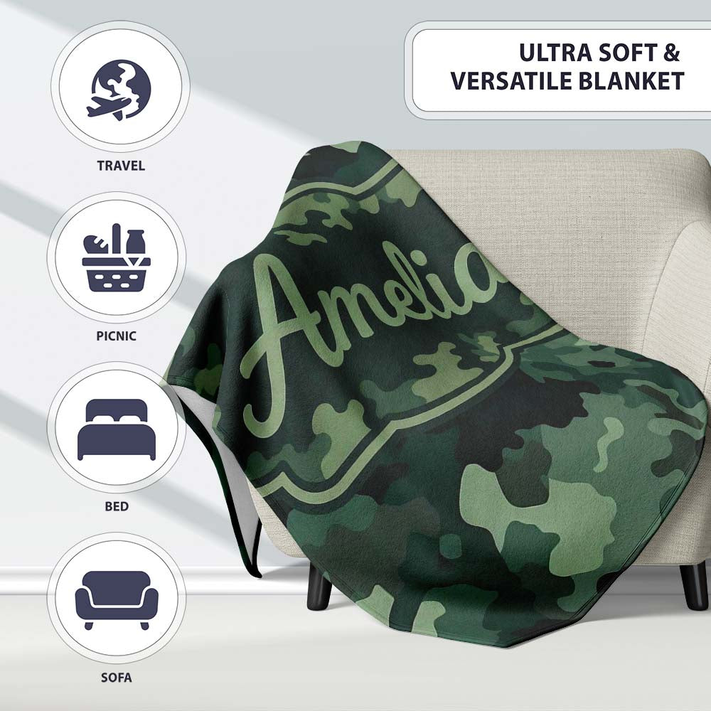 Deep Forest Green Camouflage Modern Seamless Pattern Lovely  Personalised Custom Name Super Soft Fleece Blanket Bed Sofa Throw