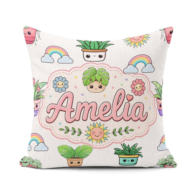 Custom Name Cute Kawaii Plants Smiling Sun Light Grey Background Square Filled Cushion Throw Pillow Sofa Bed Home Decor Zip Washable UK Made