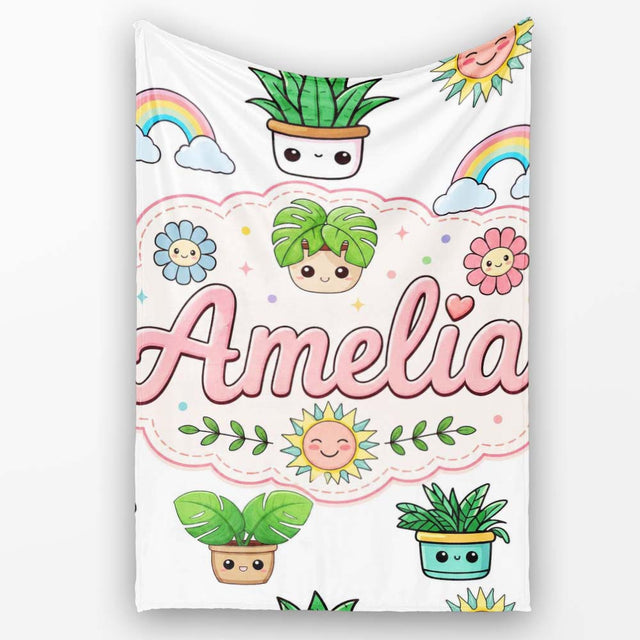 Cute Kawaii Plants Rainbows Smiling Sun Light Grey Background  Personalised Custom Name Super Soft Fleece Blanket Bed Sofa Throw