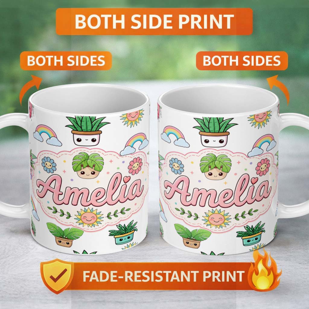 Personalized Custom Name Cute Kawaii Plants Rainbows Smiling Sun Light Grey Background 11oz Ceramic Coffee Tea Mug White Large Handle