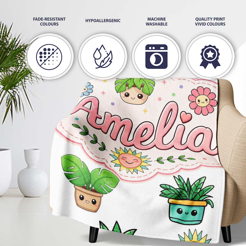 Cute Kawaii Plants Rainbows Smiling Sun Light Grey Background  Personalised Custom Name Super Soft Fleece Blanket Bed Sofa Throw