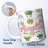 Personalized Custom Name Cute Kawaii Plants Rainbows Smiling Sun Light Grey Background 11oz Ceramic Coffee Tea Mug White Large Handle