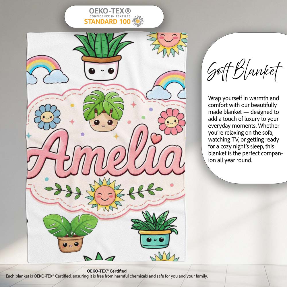 Cute Kawaii Plants Rainbows Smiling Sun Light Grey Background  Personalised Custom Name Super Soft Fleece Blanket Bed Sofa Throw