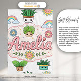 Cute Kawaii Plants Rainbows Smiling Sun Light Grey Background  Personalised Custom Name Super Soft Fleece Blanket Bed Sofa Throw