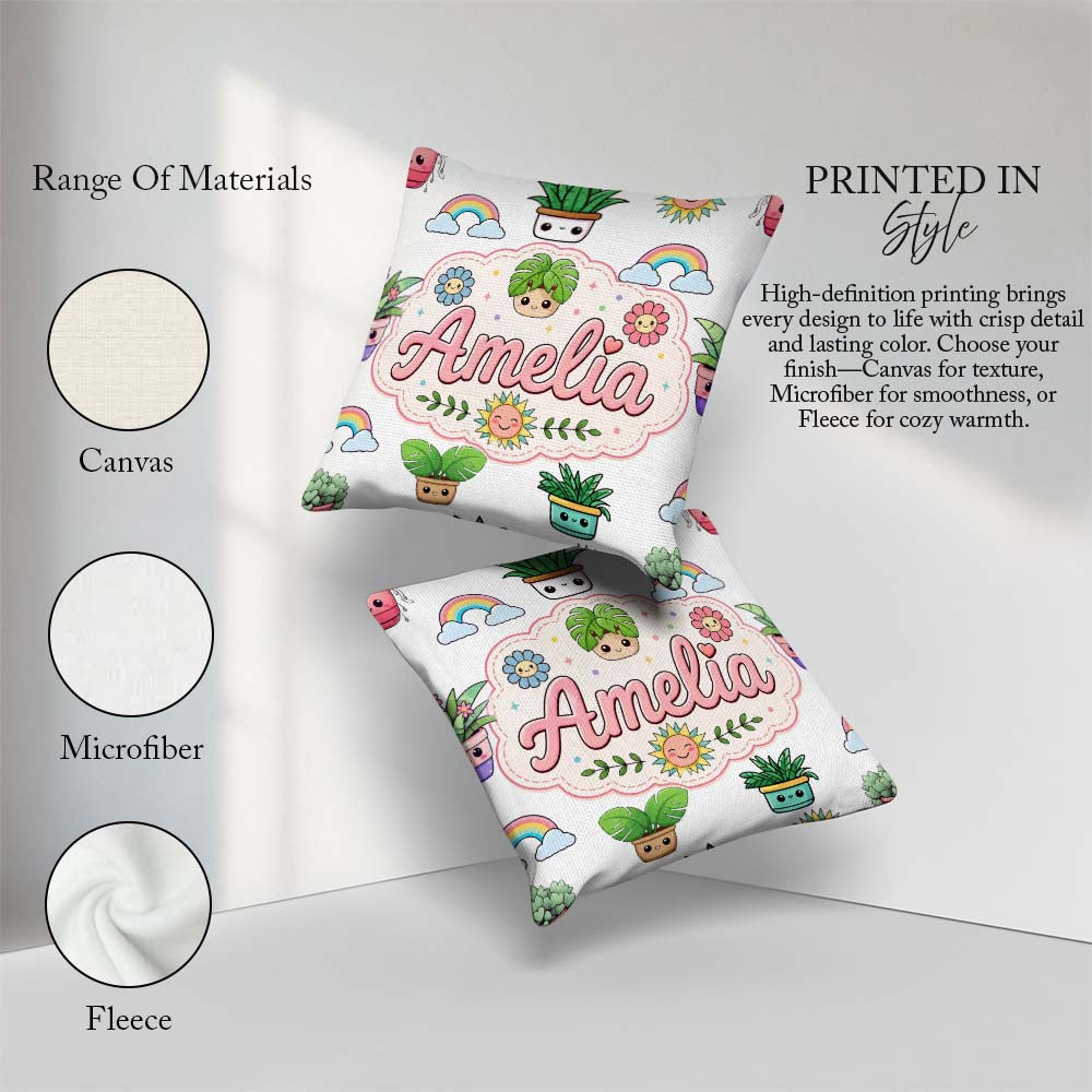 Custom Name Cute Kawaii Plants Smiling Sun Light Grey Background Square Filled Cushion Throw Pillow Sofa Bed Home Decor Zip Washable UK Made