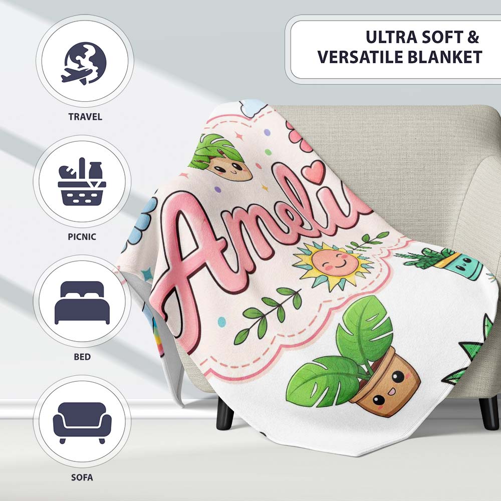 Cute Kawaii Plants Rainbows Smiling Sun Light Grey Background  Personalised Custom Name Super Soft Fleece Blanket Bed Sofa Throw