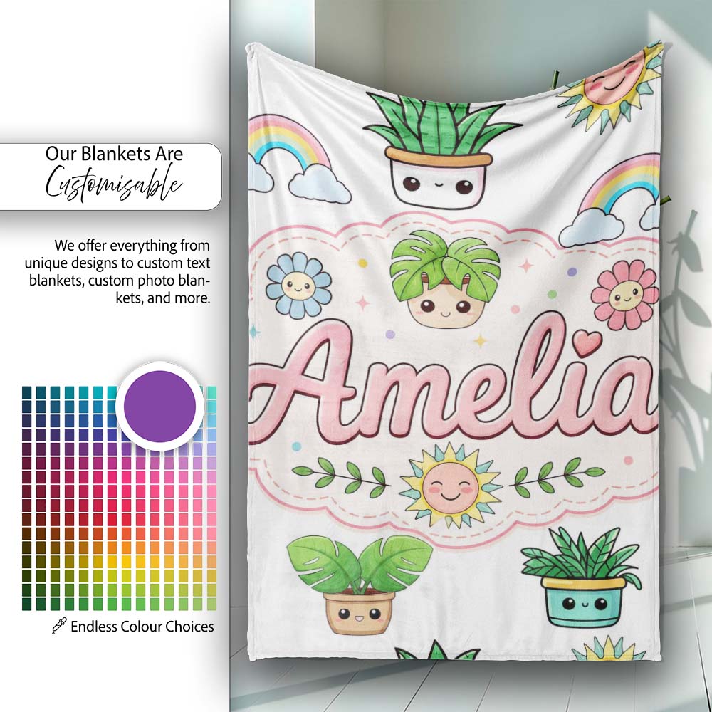 Cute Kawaii Plants Rainbows Smiling Sun Light Grey Background  Personalised Custom Name Super Soft Fleece Blanket Bed Sofa Throw