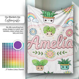 Cute Kawaii Plants Rainbows Smiling Sun Light Grey Background  Personalised Custom Name Super Soft Fleece Blanket Bed Sofa Throw
