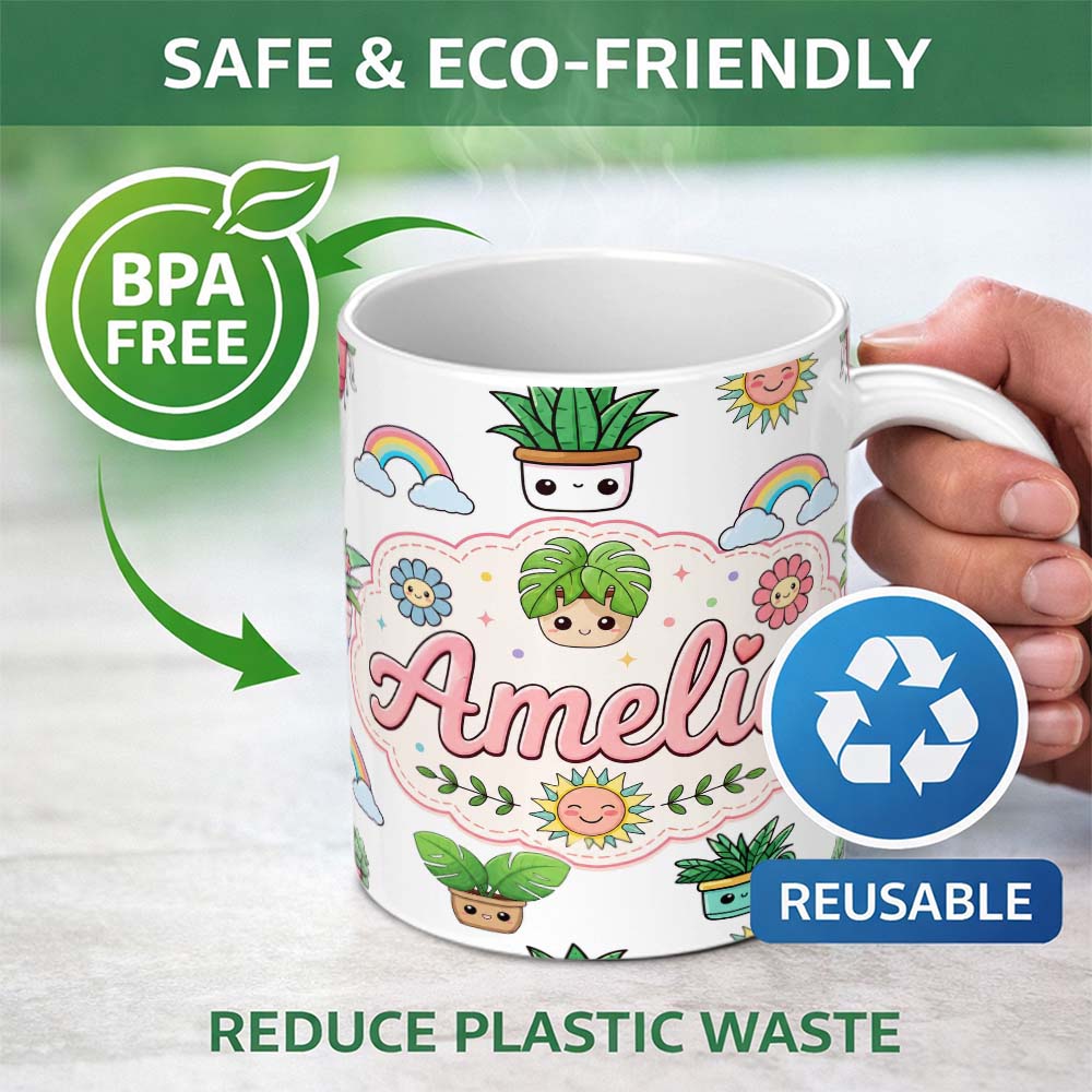 Personalized Custom Name Cute Kawaii Plants Rainbows Smiling Sun Light Grey Background 11oz Ceramic Coffee Tea Mug White Large Handle