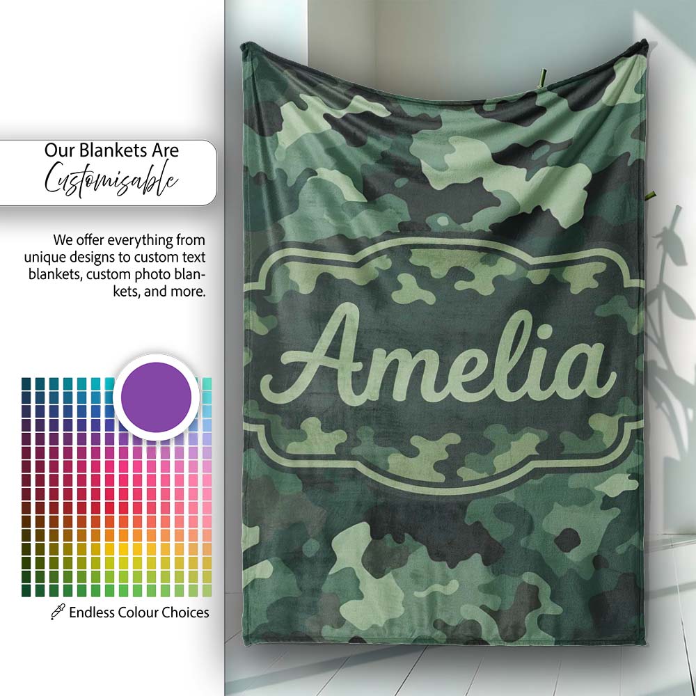 Deep Forest Green Camouflage Modern Seamless Pattern Lovely  Personalised Custom Name Super Soft Fleece Blanket Bed Sofa Throw