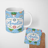 Personalized Custom Name Cute Kawaii Plants Rainbows Smiling Sun Blue Starry Background 11oz Ceramic Coffee Tea Mug White Large Handle