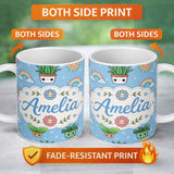 Personalized Custom Name Cute Kawaii Plants Rainbows Smiling Sun Blue Starry Background 11oz Ceramic Coffee Tea Mug White Large Handle