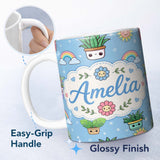 Personalized Custom Name Cute Kawaii Plants Rainbows Smiling Sun Blue Starry Background 11oz Ceramic Coffee Tea Mug White Large Handle