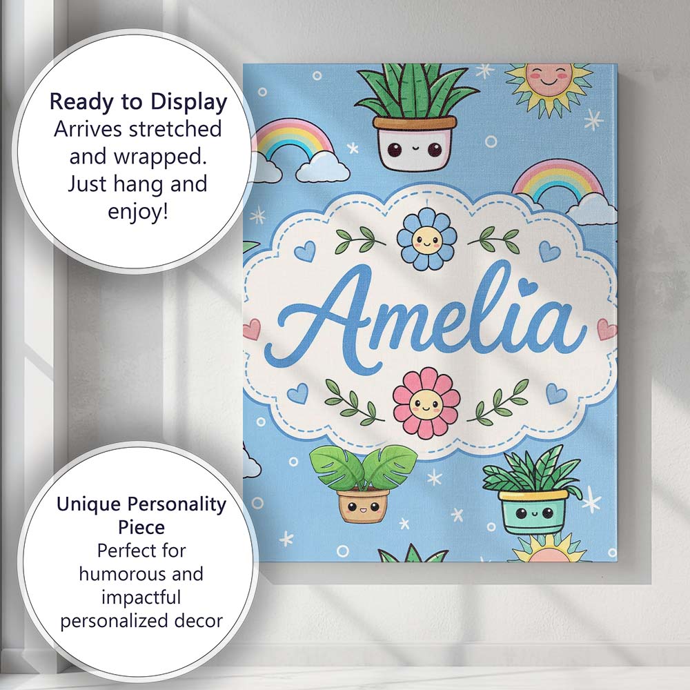 Personalised Name Cute Kawaii Plants Custom Premium Decorative Design Modern Room Accent Canvas Wall Art Print Decor Picture Ready to Hang