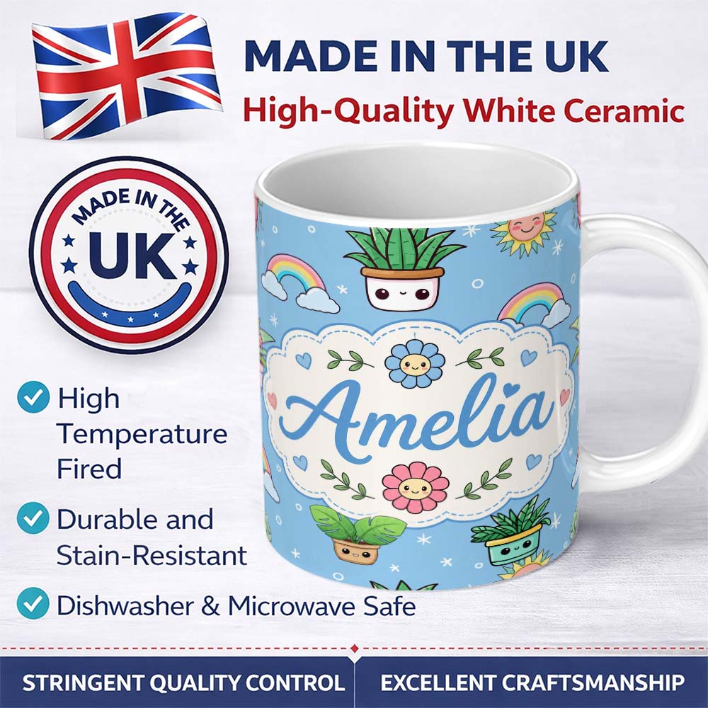 Personalized Custom Name Cute Kawaii Plants Rainbows Smiling Sun Blue Starry Background 11oz Ceramic Coffee Tea Mug White Large Handle