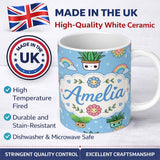 Personalized Custom Name Cute Kawaii Plants Rainbows Smiling Sun Blue Starry Background 11oz Ceramic Coffee Tea Mug White Large Handle
