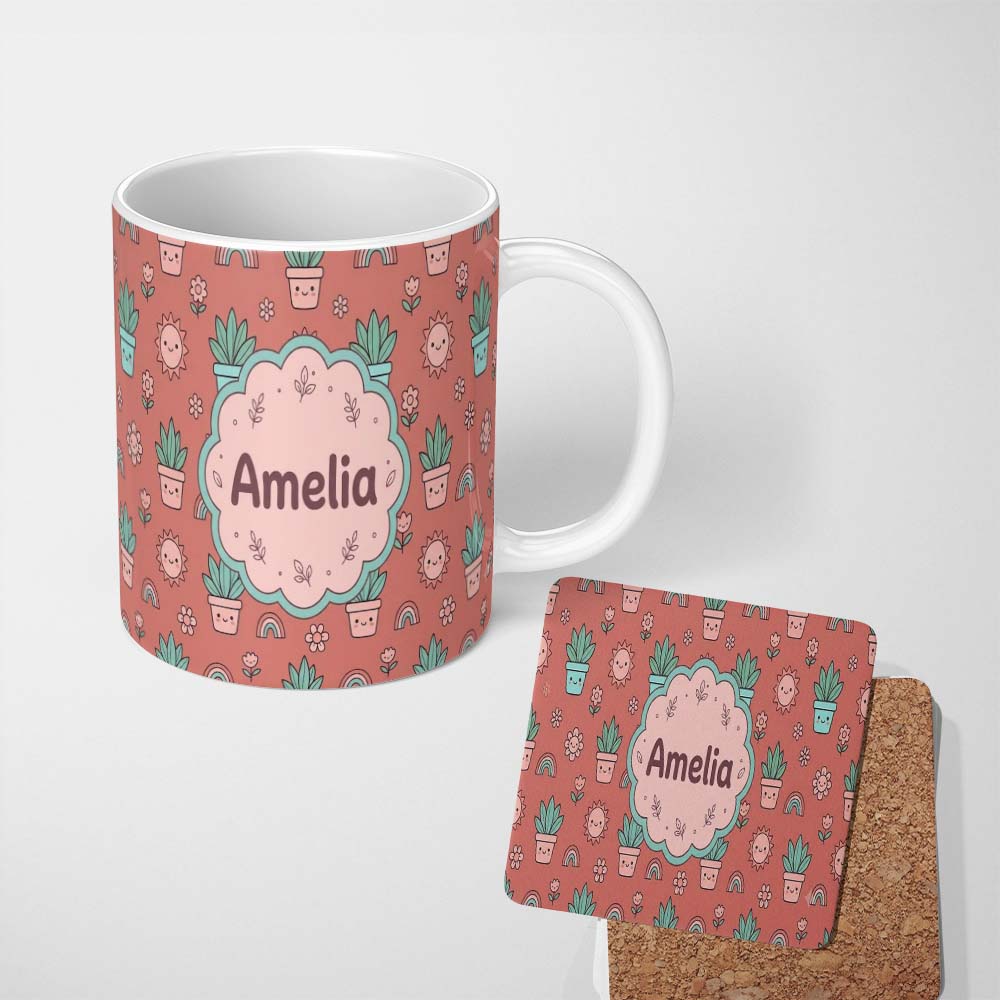 Personalized Custom Name Cute Kawaii Plants Rainbows Smiling Sun Peach Background Seamless 11oz Ceramic Coffee Tea Mug White Large Handle