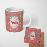 Personalized Custom Name Cute Kawaii Plants Rainbows Smiling Sun Peach Background Seamless 11oz Ceramic Coffee Tea Mug White Large Handle
