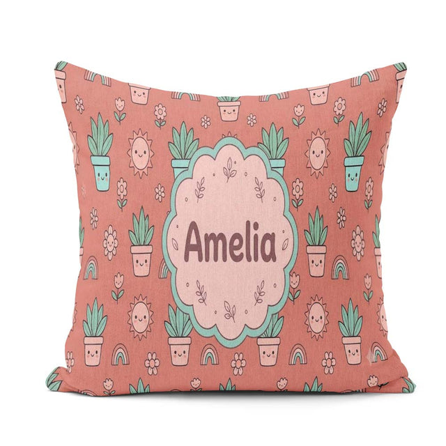 Custom Name Kawaii Plants Rainbows Sun Peach Background Seamless Square Filled Cushion Throw Pillow Sofa Bed Home Decor Zip Washable UK Made