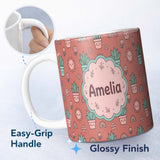 Personalized Custom Name Cute Kawaii Plants Rainbows Smiling Sun Peach Background Seamless 11oz Ceramic Coffee Tea Mug White Large Handle