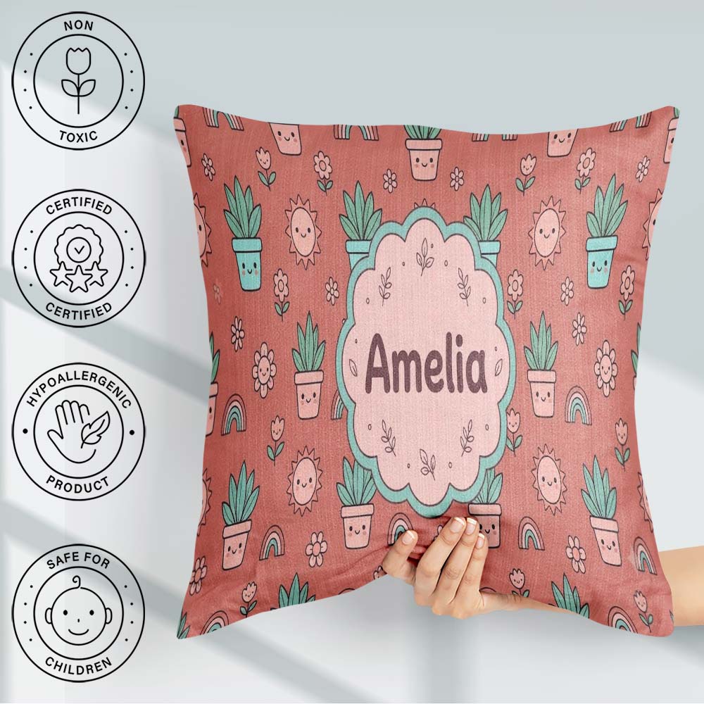 Custom Name Kawaii Plants Rainbows Sun Peach Background Seamless Square Filled Cushion Throw Pillow Sofa Bed Home Decor Zip Washable UK Made