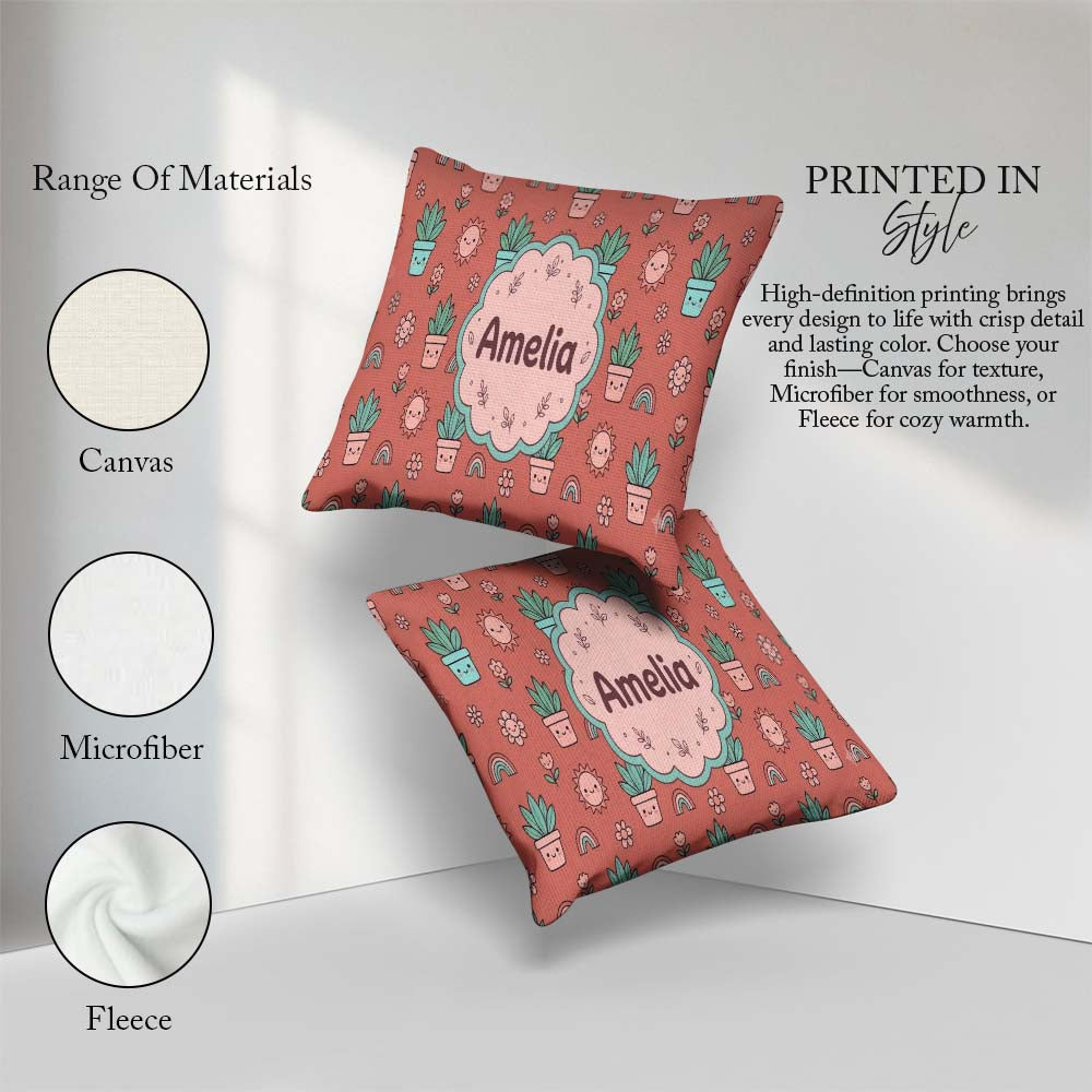 Custom Name Kawaii Plants Rainbows Sun Peach Background Seamless Square Filled Cushion Throw Pillow Sofa Bed Home Decor Zip Washable UK Made
