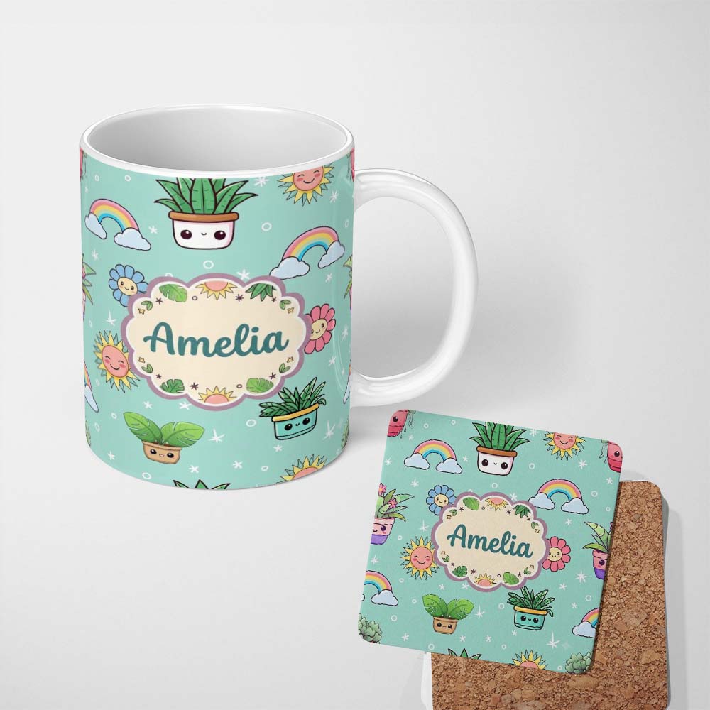 Personalized Custom Name Cute Kawaii Plants Rainbows Smiling Sun Mint Background Seamless 11oz Ceramic Coffee Tea Mug White Large Handle