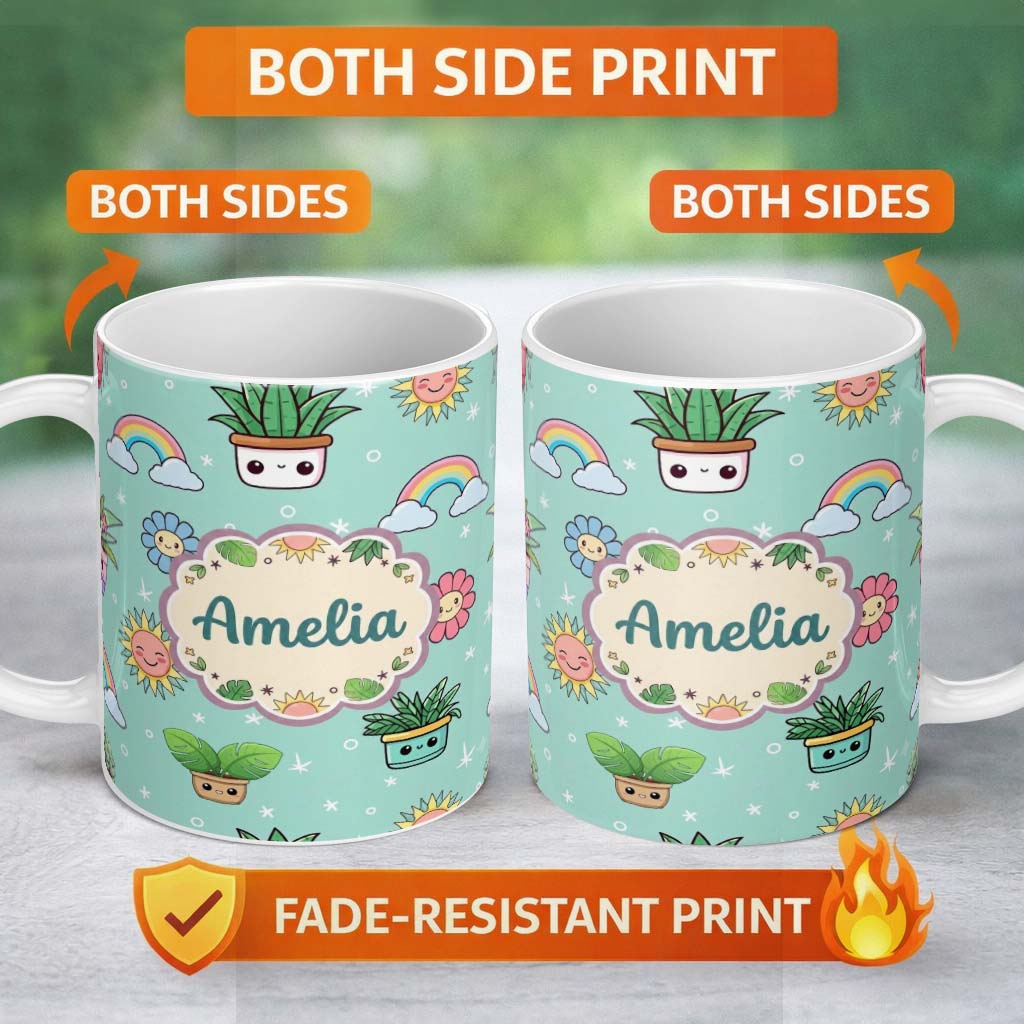 Personalized Custom Name Cute Kawaii Plants Rainbows Smiling Sun Mint Background Seamless 11oz Ceramic Coffee Tea Mug White Large Handle