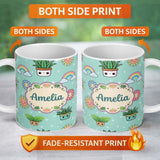 Personalized Custom Name Cute Kawaii Plants Rainbows Smiling Sun Mint Background Seamless 11oz Ceramic Coffee Tea Mug White Large Handle