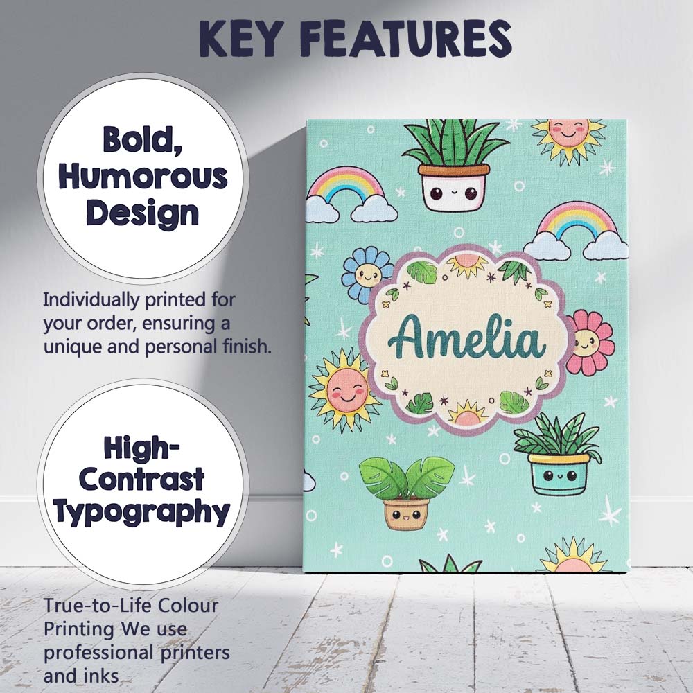 Personalised Name Cute Kawaii Plants Custom Premium Decorative Design Modern Room Accent Canvas Wall Art Print Decor Picture Ready to Hang