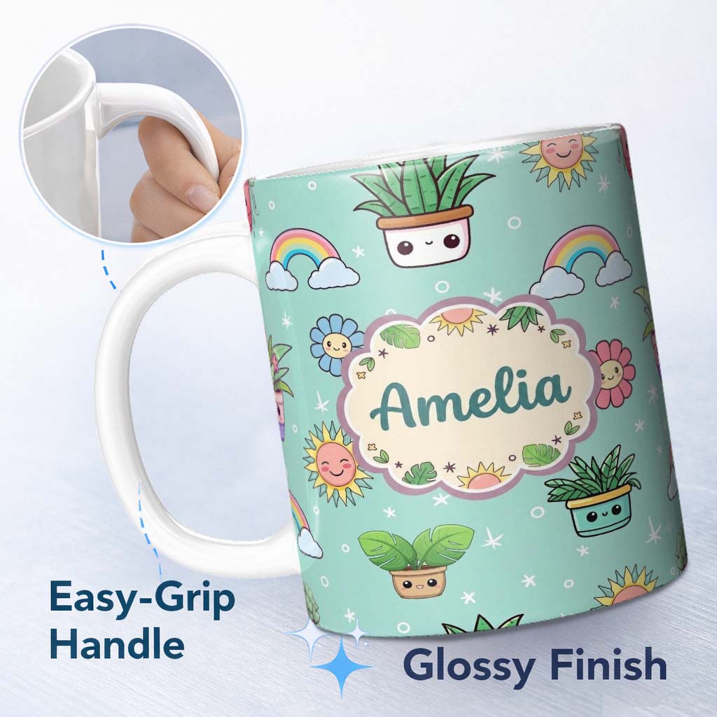 Personalized Custom Name Cute Kawaii Plants Rainbows Smiling Sun Mint Background Seamless 11oz Ceramic Coffee Tea Mug White Large Handle