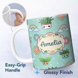 Personalized Custom Name Cute Kawaii Plants Rainbows Smiling Sun Mint Background Seamless 11oz Ceramic Coffee Tea Mug White Large Handle