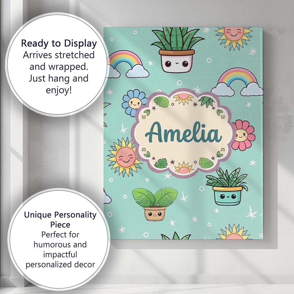 Personalised Name Cute Kawaii Plants Custom Premium Decorative Design Modern Room Accent Canvas Wall Art Print Decor Picture Ready to Hang