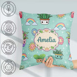 Custom Name Kawaii Rainbows Smiling Sun Mint Background Seamless Square Filled Cushion Throw Pillow Sofa Bed Home Decor Zip Washable UK Made