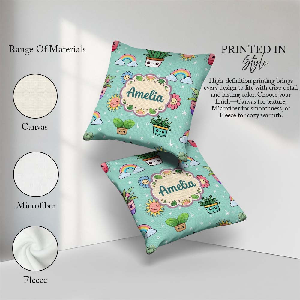 Custom Name Kawaii Rainbows Smiling Sun Mint Background Seamless Square Filled Cushion Throw Pillow Sofa Bed Home Decor Zip Washable UK Made