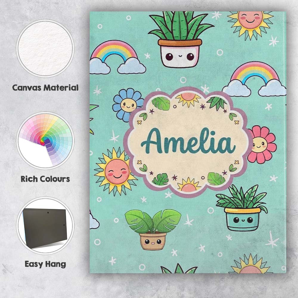 Personalised Name Cute Kawaii Plants Custom Premium Decorative Design Modern Room Accent Canvas Wall Art Print Decor Picture Ready to Hang