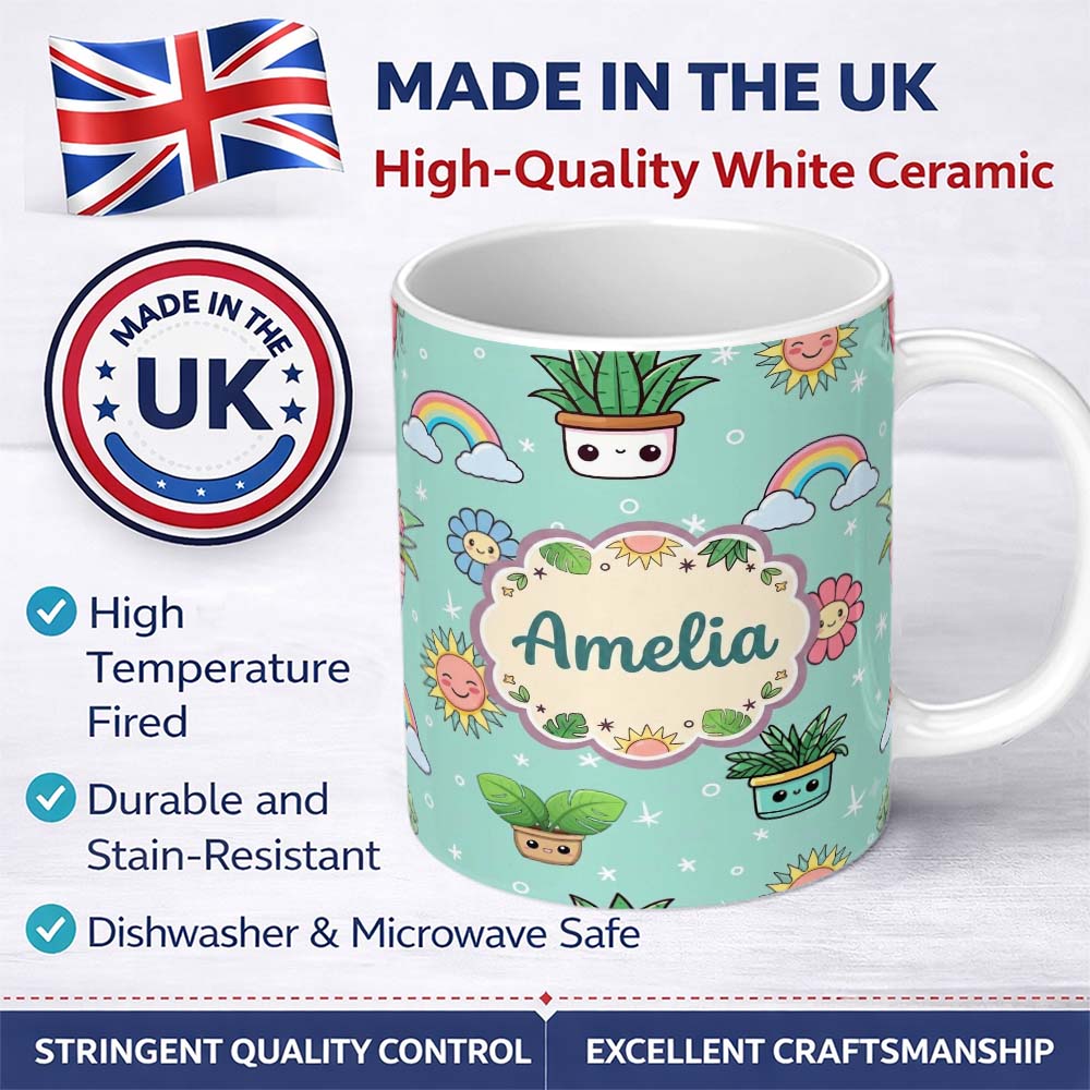 Personalized Custom Name Cute Kawaii Plants Rainbows Smiling Sun Mint Background Seamless 11oz Ceramic Coffee Tea Mug White Large Handle