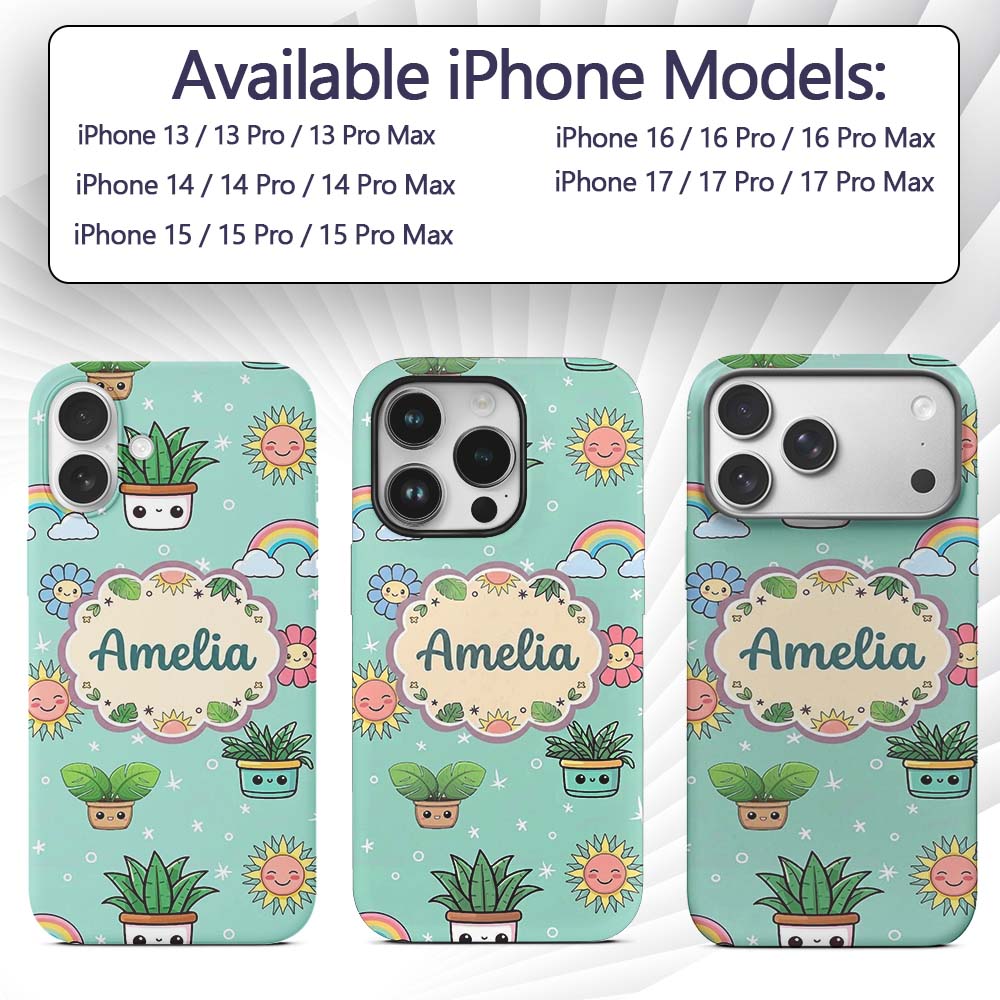 Cute Kawaii Plants Rainbows Smiling Sun Mint Custom Name Protective Phone Case Mobile Cover Durable Everyday Smartphone Shock Resistant