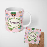Personalized Custom Name Cute Kawaii Plants Rainbows Smiling Sun Soft Pink Background 11oz Ceramic Coffee Tea Mug White Large Handle