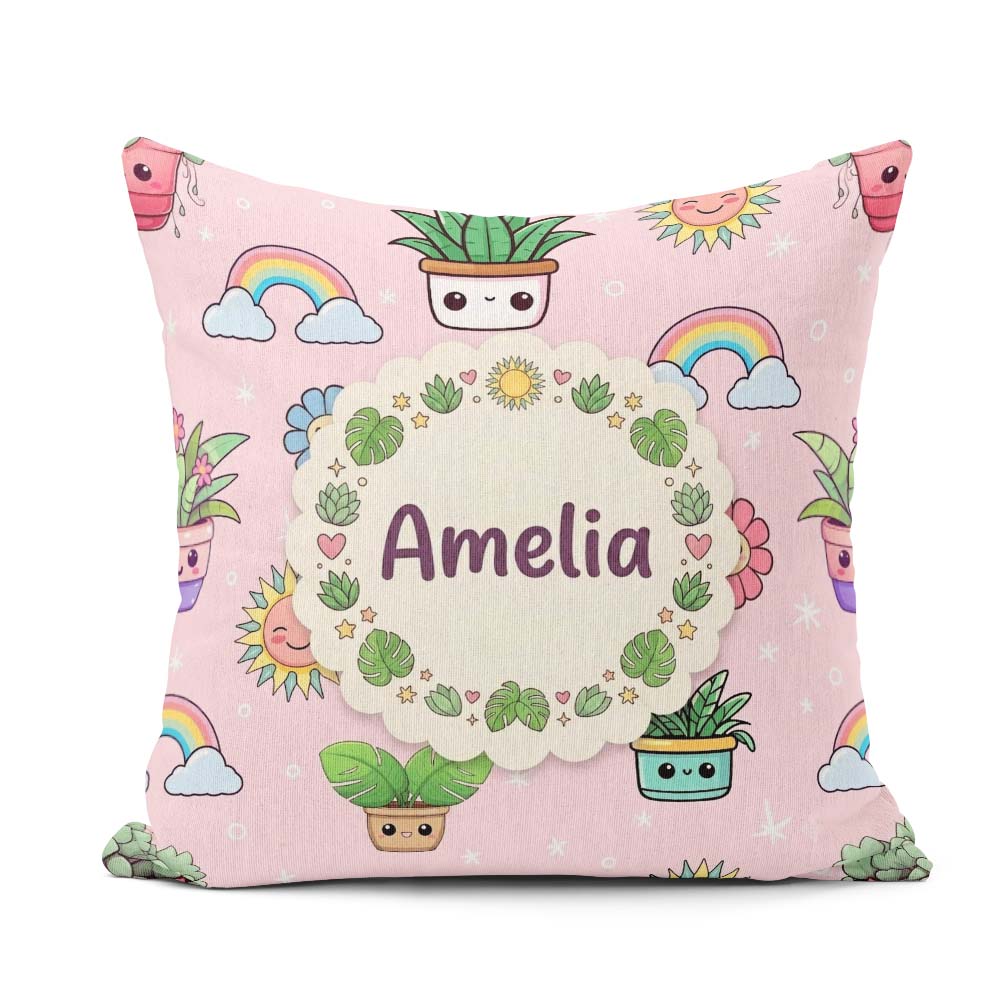 Custom Name Cute Kawaii Plants Rainbows Sun Soft Pink Background Square Filled Cushion Throw Pillow Sofa Bed Home Decor Zip Washable UK Made