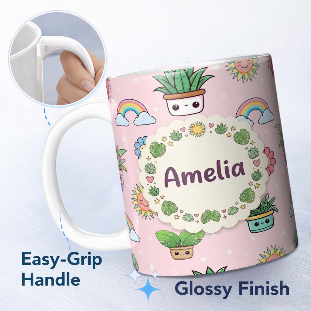 Personalized Custom Name Cute Kawaii Plants Rainbows Smiling Sun Soft Pink Background 11oz Ceramic Coffee Tea Mug White Large Handle