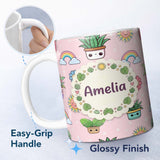 Personalized Custom Name Cute Kawaii Plants Rainbows Smiling Sun Soft Pink Background 11oz Ceramic Coffee Tea Mug White Large Handle